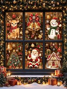57pcs/6sheets Christmas Window Clings, Xmas Snowman Santa Claus Reindeer Snowflakes Tree, For Holiday Party Home Office Classroom Window Decals Decorations, Winter Silhouette Indoor Decor For Glass - Multicolor - View 4