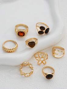 (No Box) 14pcs Simple Fashion Old Money Style Heart Flower Oil Drop Geometric Asymmetric Stacked Ring Set For Women, Sisters, Summer Vacation, Date, Gift, Daily Casual, Party, Wedding - Multicolor - View 4