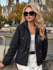 Women's Fashion Casual Autumn Hooded Drawstring Waist Cardigan Jacket - Black - View 4