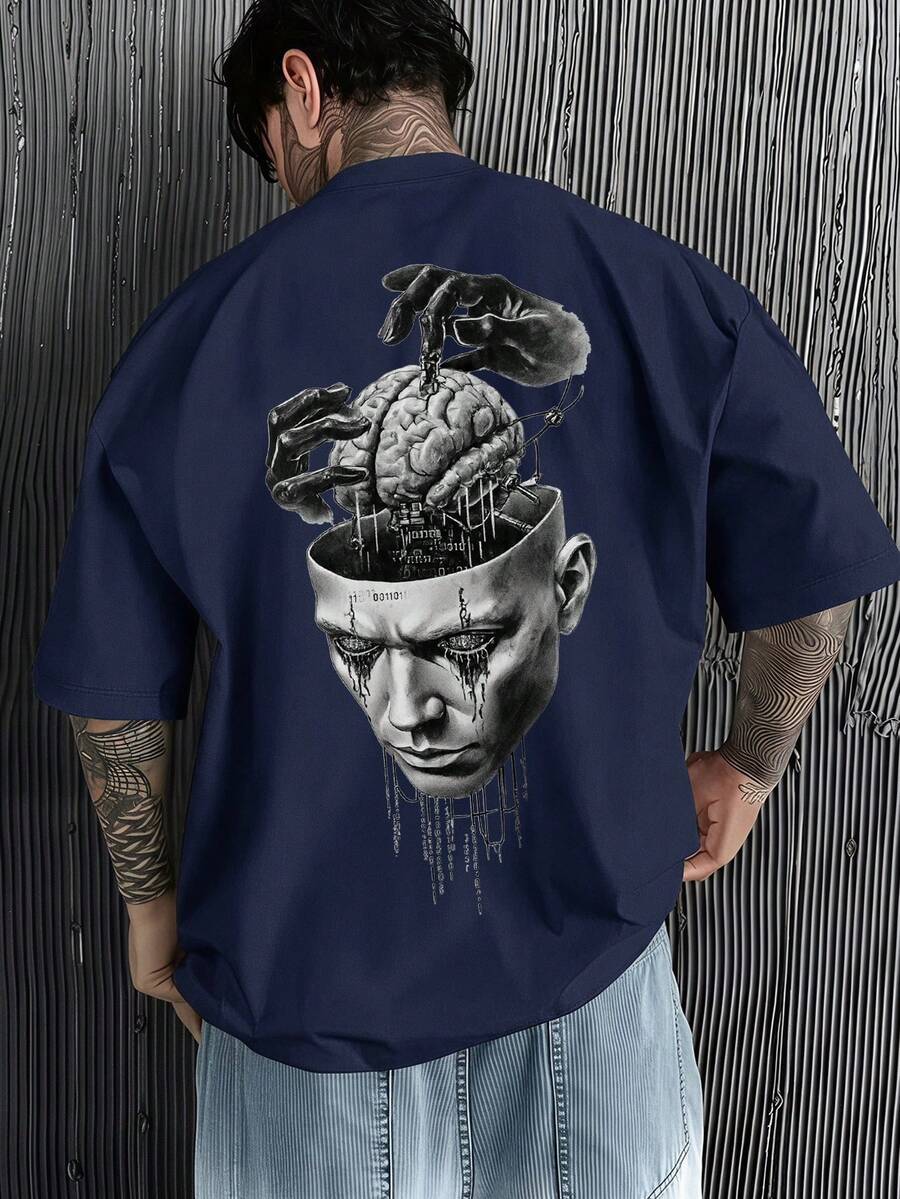 Men's Summer Fashion Versatile Mask Brain Print Crew Neck Short Sleeve T-Shirt - Navy Blue - View 1