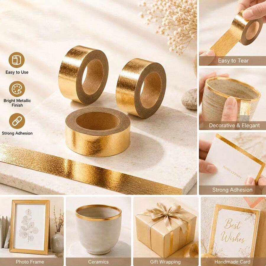 2/4pcs Gold Decorative Tape, Self-Adhesive Craft Tape For Gift Wrapping, High-Quality Texture, Easy To Cut And Tear, Suitable For Gift Packaging, Handmade Cards, Photo Frame Borders, Ceramic Gilding, Creating Elegant And Luxurious Effects, Versatile Decorative Stickers For Handmade Crafts, Wedding Gift Decor, Home Beautification - Single Piece - View 1
