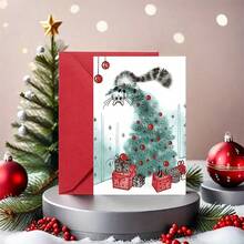 1 Greeting Card + 1 Envelope Adorable Christmas Greeting Card, Cat Playing With Tree "Merry Christmas" For Friends, Winter Holiday Festive Artistic Style Card. - Red Envelope - View 2
