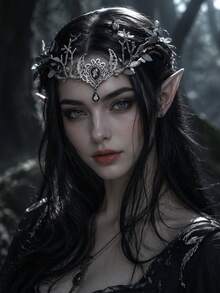 MESHUOKAI Dark Elf Crown Headband With Pointed Elf Ears Set, Silver Vine Fantasy Headpiece With Black Gemstone Pendant, Halloween Cosplay Fairy Costume Accessory - Multicolor - View 2