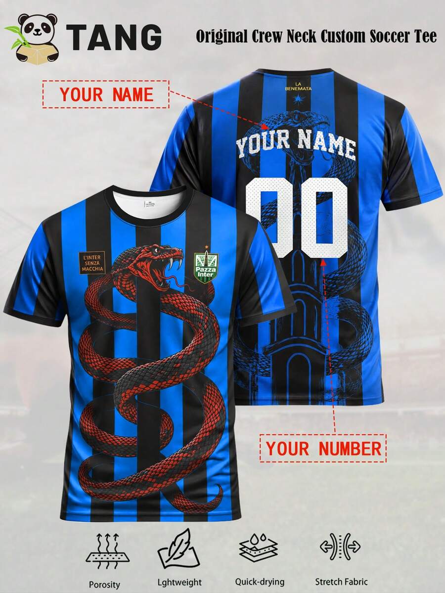 Inter Milan Style Customized Men's Football Jersey & Customizable Name And Number & Round Neck Lightweight Sports Top & Breathable, Moisture-Wicking, Quick-Drying & Training, Casual, Gift