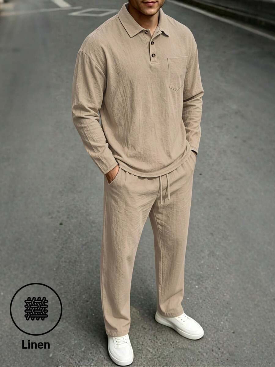 Setelan Linen Pria 2 Potong, Atasan Polo Lengan Panjang Warna Polos dengan Celana Tali Serut, Pakaian Kasual Streetwear - Khaki - View 1
