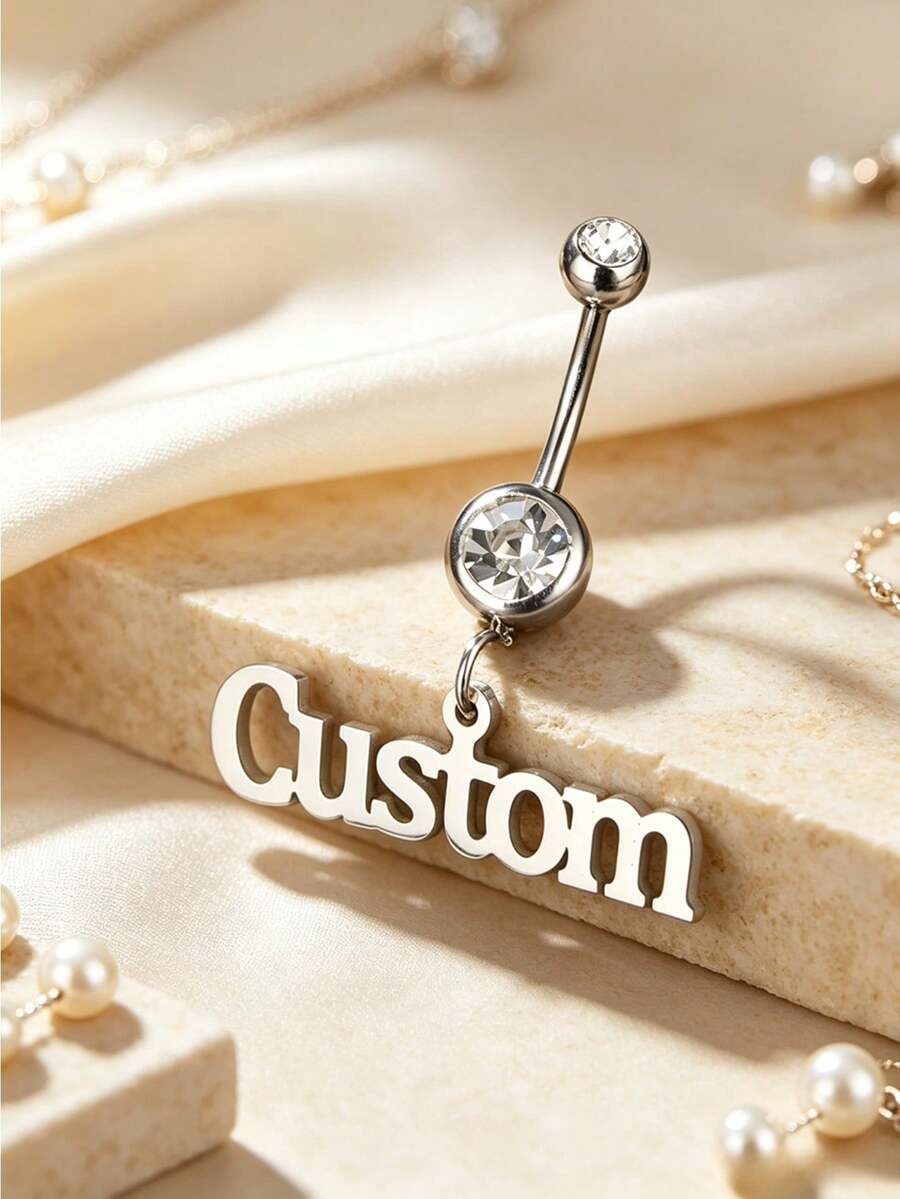 Customized Stainless Steel Name Navel Ring For Women, Crystal Round Pendant Belly Button Ring, Y2K 2000s Vintage Simple Style, Personalized Unique Gif - Silver - View 1