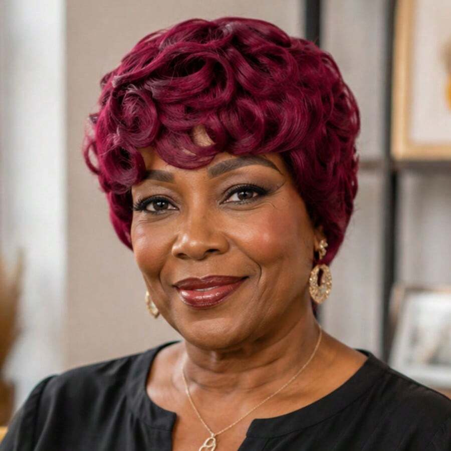 AMECIRE Red Curly Wig Pixie Cut Wig Human Hair Wig 99J Wig Women's Short-Hair Wig With Bangs Stylish Design Elastic Mesh Cap Suitable For Everyday Wear
