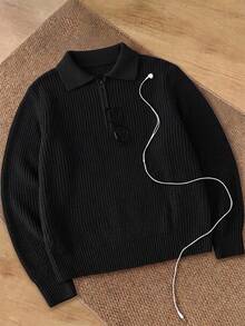 1pc Boys Teen Casual Minimalist Half-Open Front Sweater, Suitable For Commute And School, Autumn/Winter - Black - View 6
