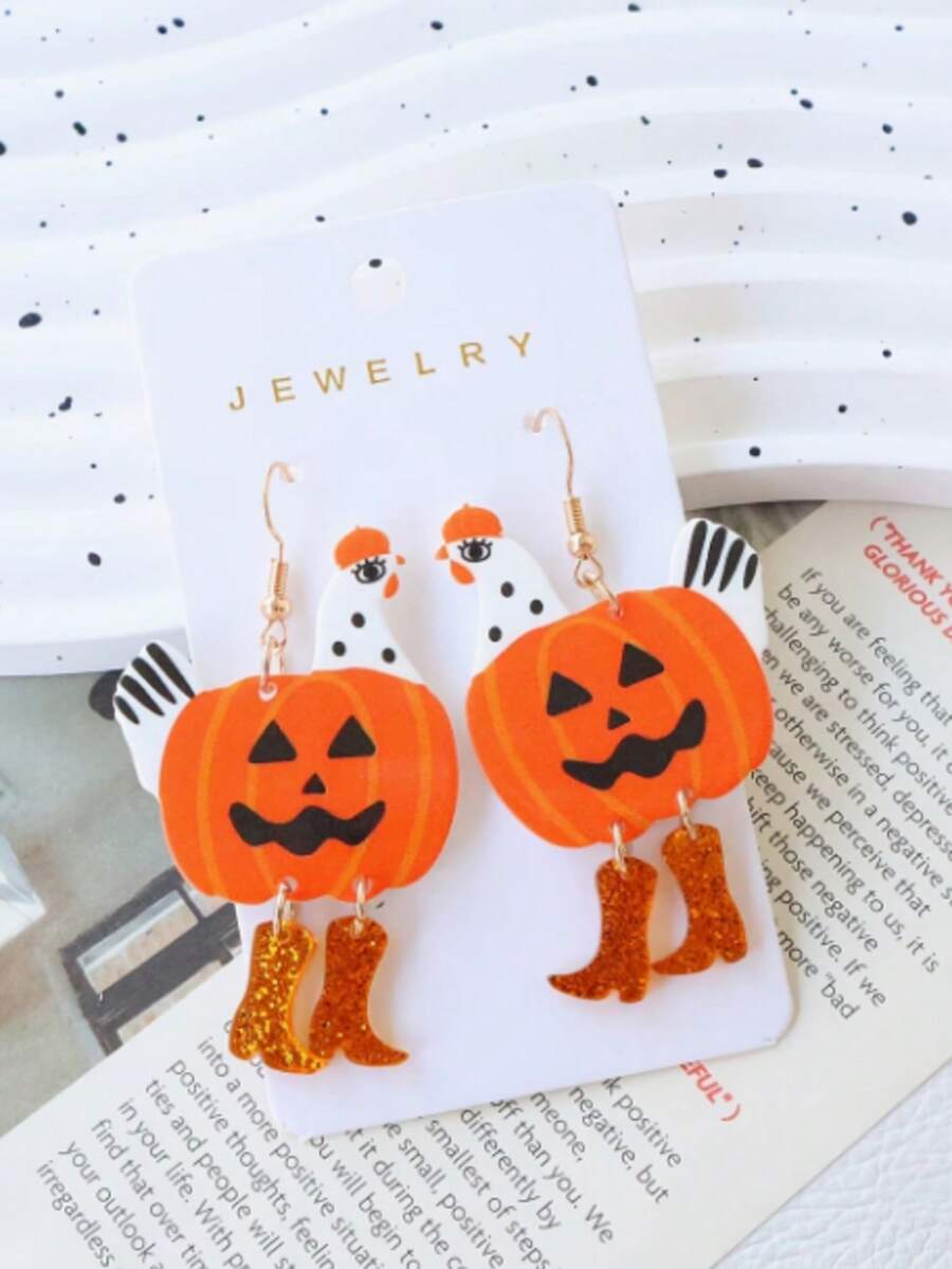 1 Pair Halloween Acrylic Quirky Boot-Shaped Chicken Earrings, Cute Funny Pumpkin Zombie Chicken, Holiday Party Gift Ear Jewelry - Multicolor - View 1