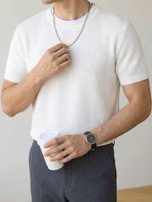Men's Waffle Knit Mesh Short Sleeve T-Shirt, Breathable Loose Casual Top - White - View 4