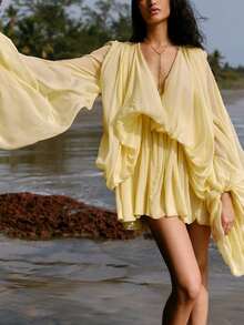 Women's Sexy Deep V Neck Long Sleeve Short Dress Gorgeous Boho Style Loose Fit Mini Dress - Yellow - View 5