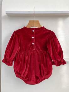 Christmas Baby Girl New Year Lace Trim Puff Long Sleeve Infant Party Bodysuit - Red - View 3