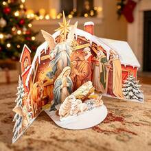 Christmas Nativity Scene 3D Pop Up Greeting Card, Holy Birth Stable Pop‑Up Design With Holy Family, Angels, Three Wise Men, Ox, Sheep,Rabbit, Bethlehem Star & Snowy Cabin Elements,Foldable Religious Xmas Card, Creative Handmade Christian Holiday Gift - Vintage Nativity Double Door Pop-up Greeting Card - View 2