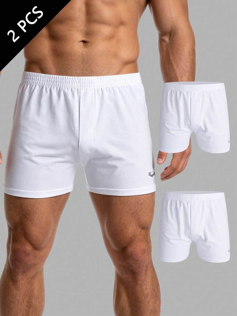 2pcs/Pack Men's White Cotton Leg Print Lounge Pants, Casual Daily Underwear - White - View 1