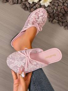 Bowknot Lace Breathable Silk Head Slippers Anti-Slip Soft Sole Indoor/Outdoor Dual-Use - Pink - View 2