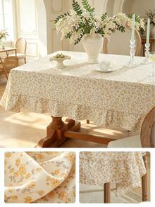 1pc Tablecloth With Scalloped Lace Trim, Polyester Fabric, Pale Yellow Floral Pattern, Rectangular/Square Tablecloth, Suitable For Dining Room And Living Room Tabletop Decoration - Light Yellow - View 5