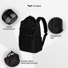 W WINGS Compact Cabin Backpack With 14" Laptop Pocket | Everyday City Bag With USB Port, A4 Space And Luggage Strap - Black - View 7