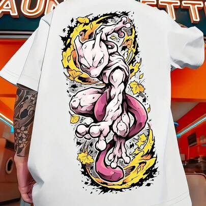 Animation Derivatives Mewtwo Printed Short-Sleeve T-Shirt For Men And Women 2025, Summer Fashion, Casual Cotton Clothing