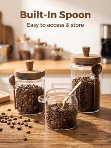 1pc Glass Airtight Storage Jar With Walnut Wood Lid, High-Definition Glass With Silicone Seal Ring, Suitable For Storing Snacks, Cookies, Coffee Beans, Salt, Sugar, Etc. - Clear - View 6