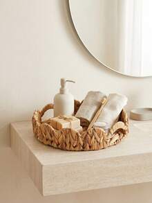 1 Scalloped Edge Handwoven Water Hyacinth Tray With Handles, Round & Rectangular Woven Storage Basket, Kitchen Counter Fruit Bread Snack Organizer Tray, Vanity Decor Caddy For Bathroom Bedroom Coffee Table Rustic Home Tabletop Decoration Storage Tray - View 2
