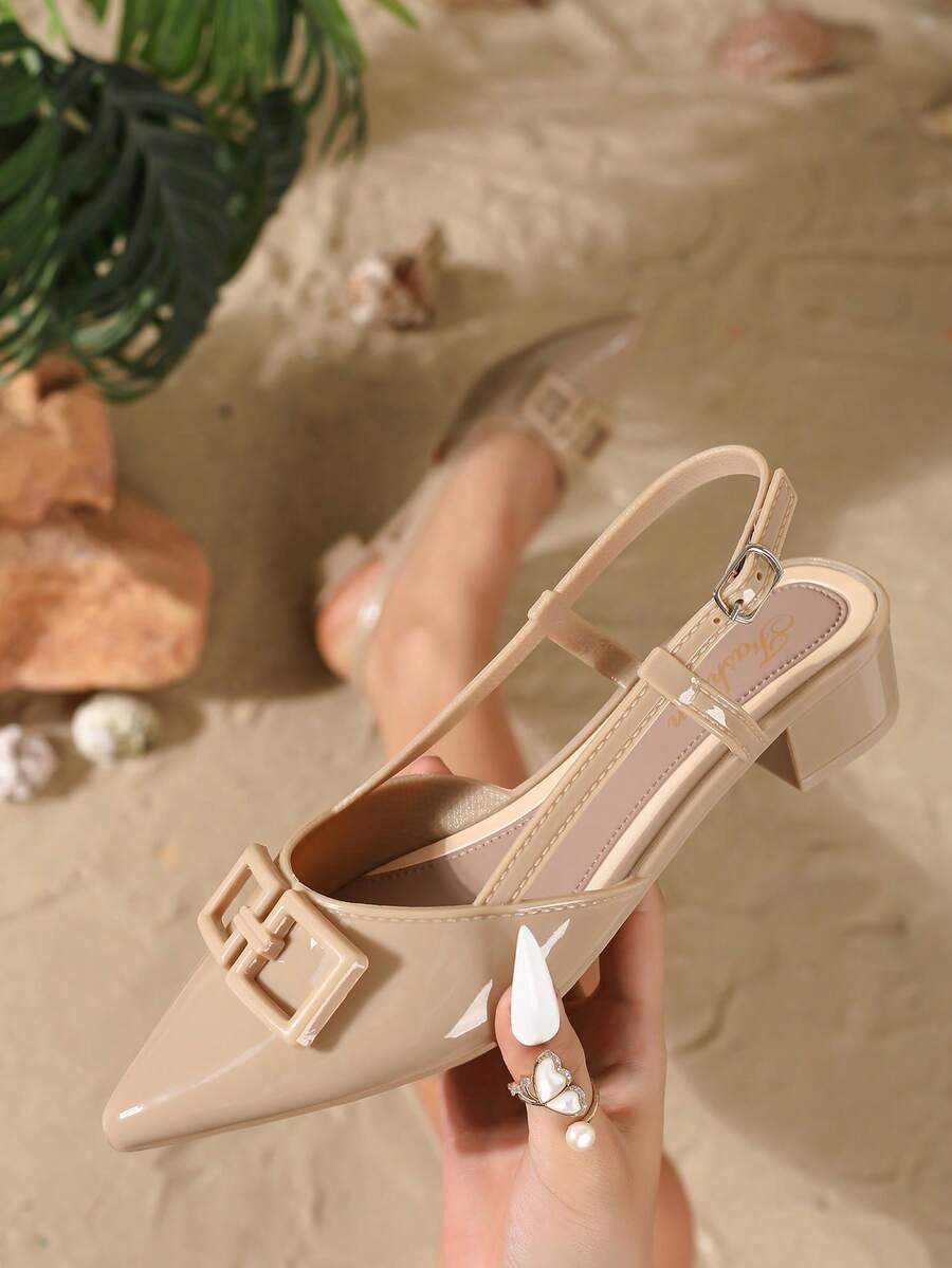 Sepatu Hak Tinggi Wanita Ujung Lancip, Modis untuk Musim Semi/Panas, Hak Tebal untuk Aktivitas Luar Ruangan dengan Hiasan Tali Belakang Tipis, Penutup Gesper, Hak Terbuka, Warna Cokelat Muda, Gaya Formal Elegan