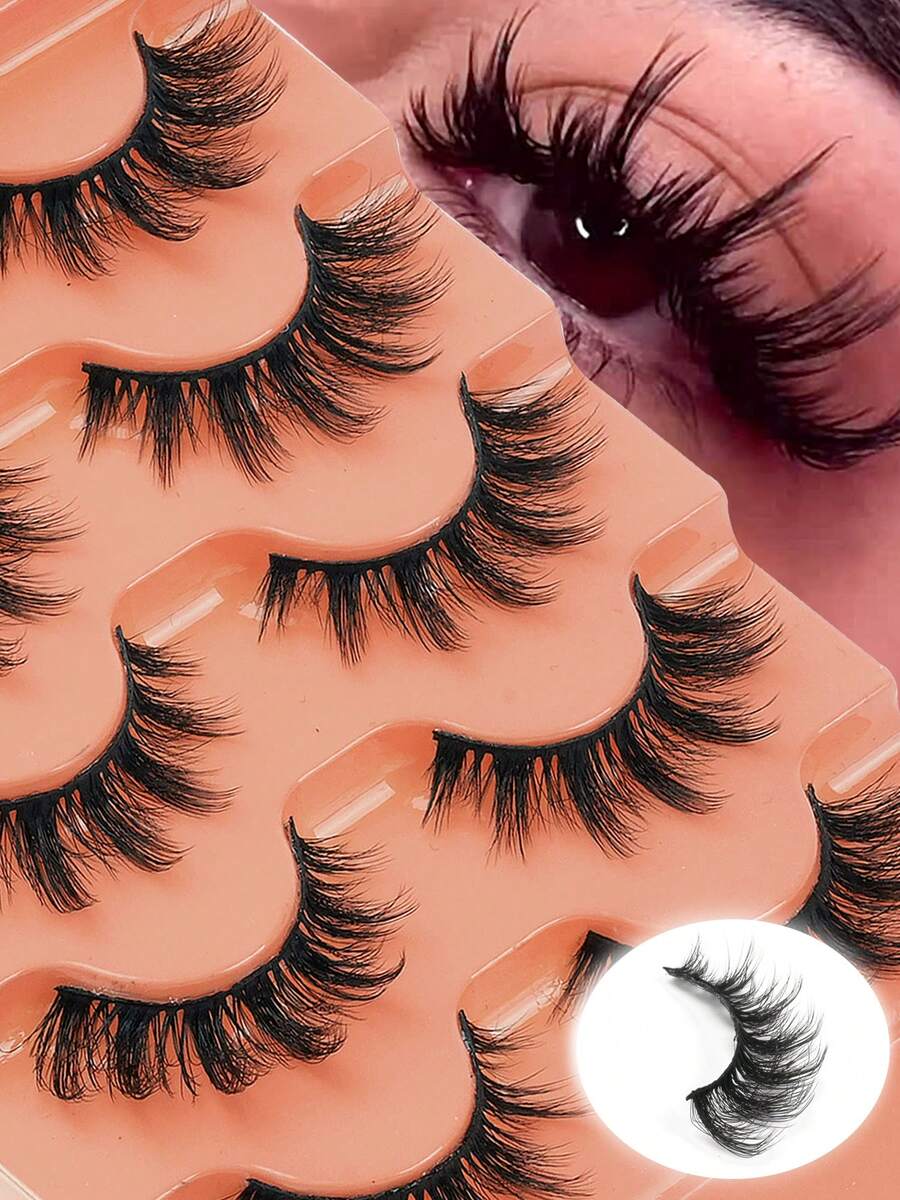 5 Pairs Fox Eye False Eyelashes, 3D Fluffy Wispy Faux Mink Lashes, Light Weight Soft Band Reusable Fake Eyelashes, Eye‑End Elongated Lash For Dating, Party, Photoshoot, Various Makeup Styles - Black - View 1