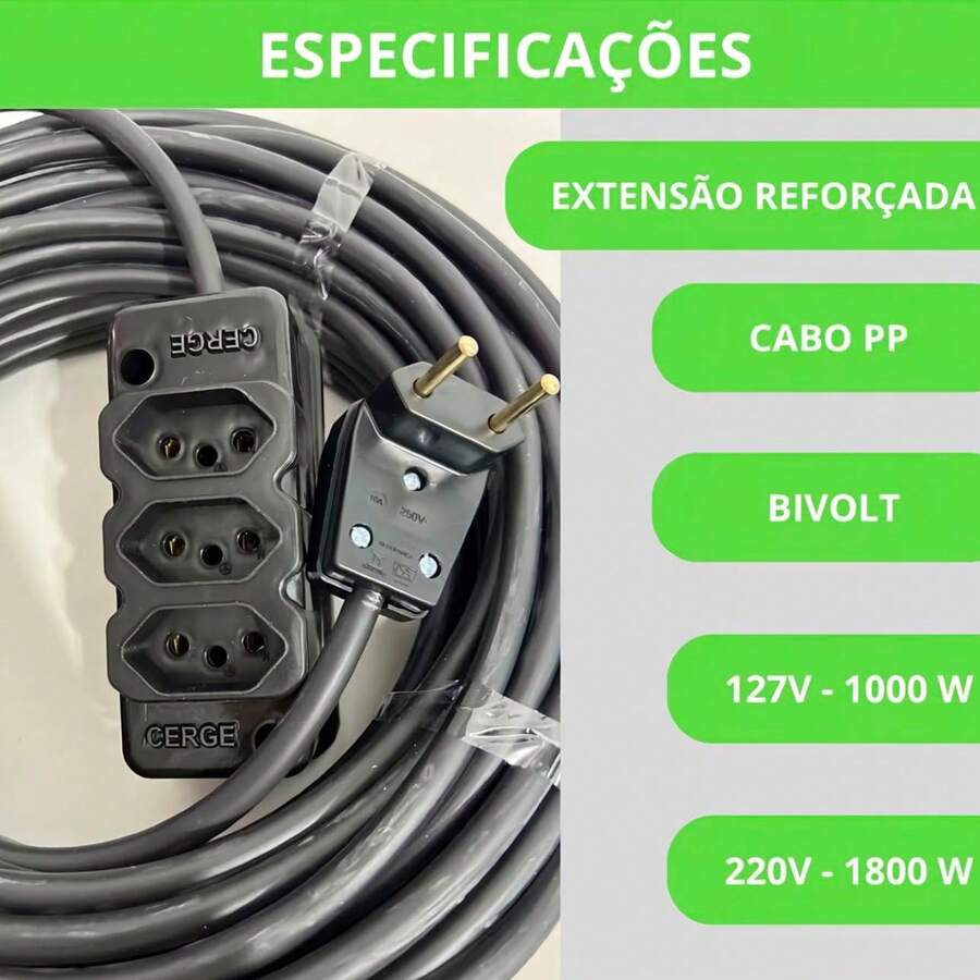 Extensão PP 2X1,5MM Reforçada Preta Cabo PP 1,5 mm Bivolt. GRANDE, MEDIA, PEQUENA, ROBUSTA - Entrada do Brasil (220V) - Visão 1