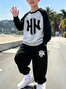 Tween Boys Streetwear Simple Graphic Print Crew Neck Colorblock Sweatshirt + Casual Long Pants 2-Piece Set, Autumn Winter Outfit, Campus Style, Homecoming Look - Multicolor - View 1