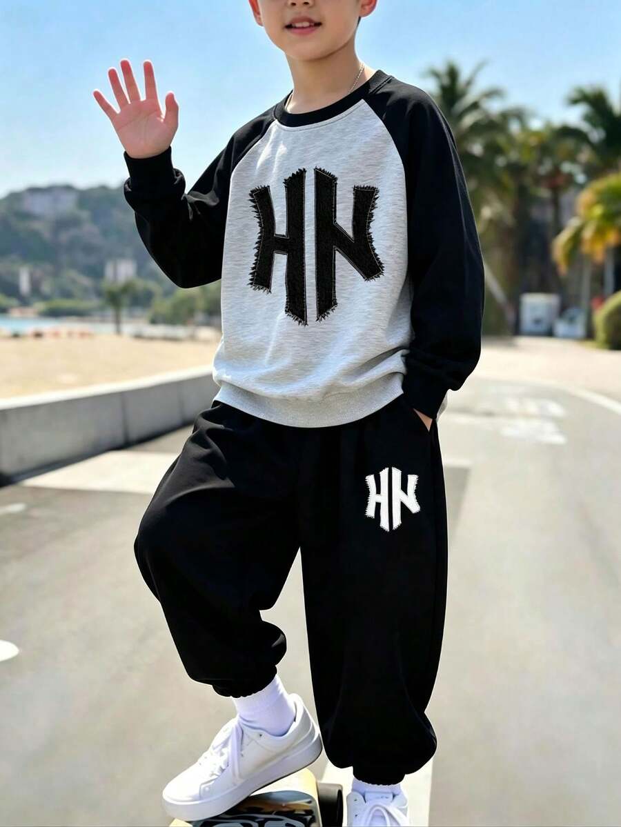 Tween Boys Streetwear Simple Graphic Print Crew Neck Colorblock Sweatshirt + Casual Long Pants 2-Piece Set, Autumn Winter Outfit, Campus Style, Homecoming Look - Multicolor - View 1