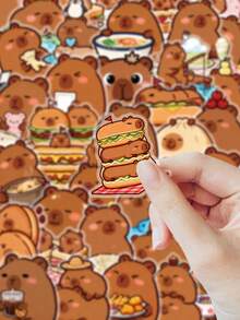 50Pcs Cute Capybara Food Theme Stickers, PET Waterproof Cartoon Capybara Eating Snacks Decals, Aesthetic DIY Stickers For Journal, Water Bottle, Laptop, Phone Case, Luggage, Notebook Decor For Kids Teens - Brown - View 7