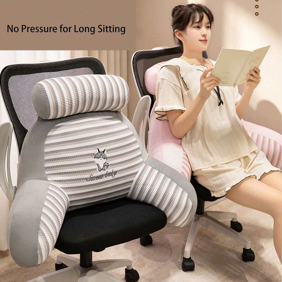 Striped Embroidered Multi-Functional Wrap-Around Bed Backrest Pillow, Zoned Lumbar And Neck Support Soft Backrest, Multi-Use For Reading / Office / Sofa / Nap / Footrest, 3D Wrap-Around Waist And Back Support, Skin-Friendly Breathable Striped Fabric, Multiple Cartoon Embroidery Color Options, Suitable For Dorm, Bedroom And Home, Relieves Fatigue From Long Sitting, Great Home Essential, Perfect Gift Choice - Multiple Styles - View 1