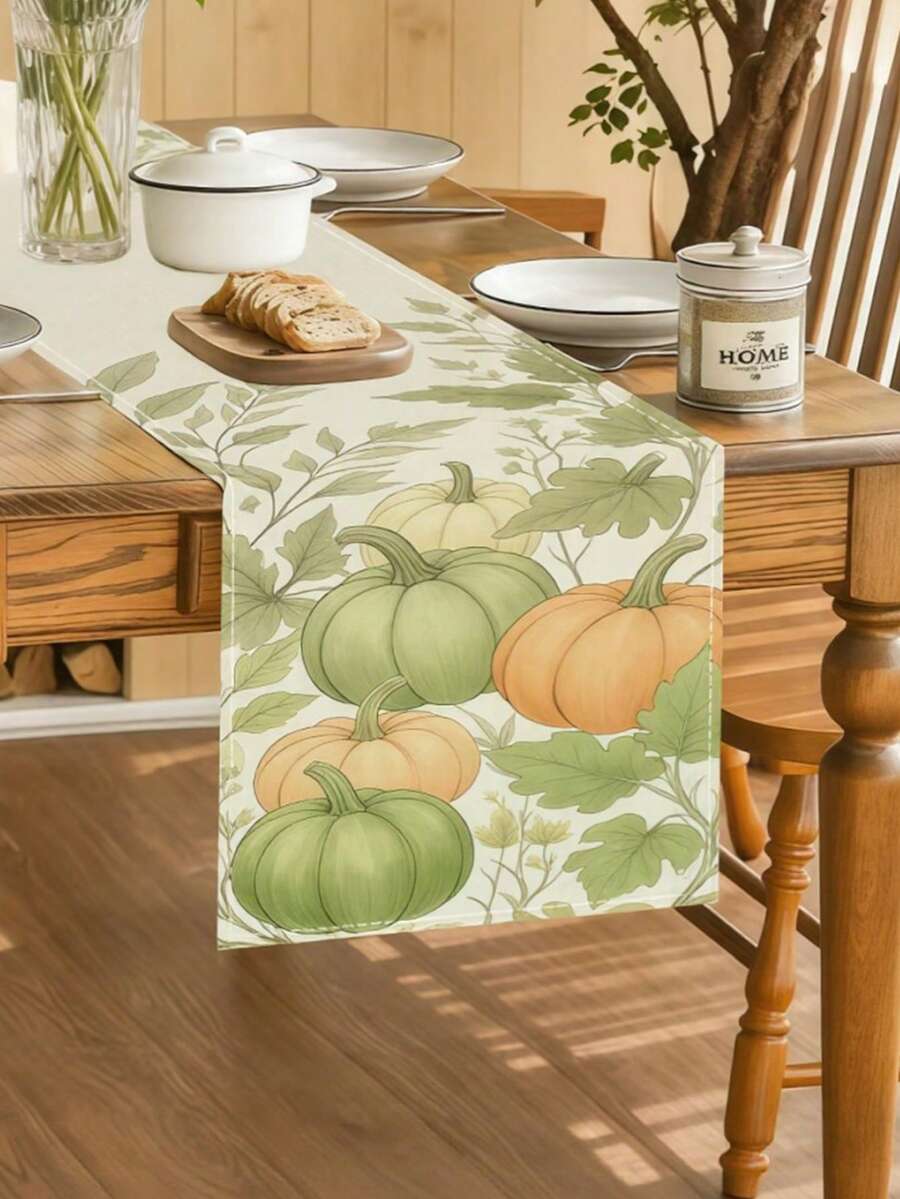 1pc Pumpkin Table Runner - Edged Rectangular Suitable For Holiday Dining, Kitchen Decor With Vine Pattern, Polyester Fiber Runner Suitable For Home Decoration - Pastel Green - View 1