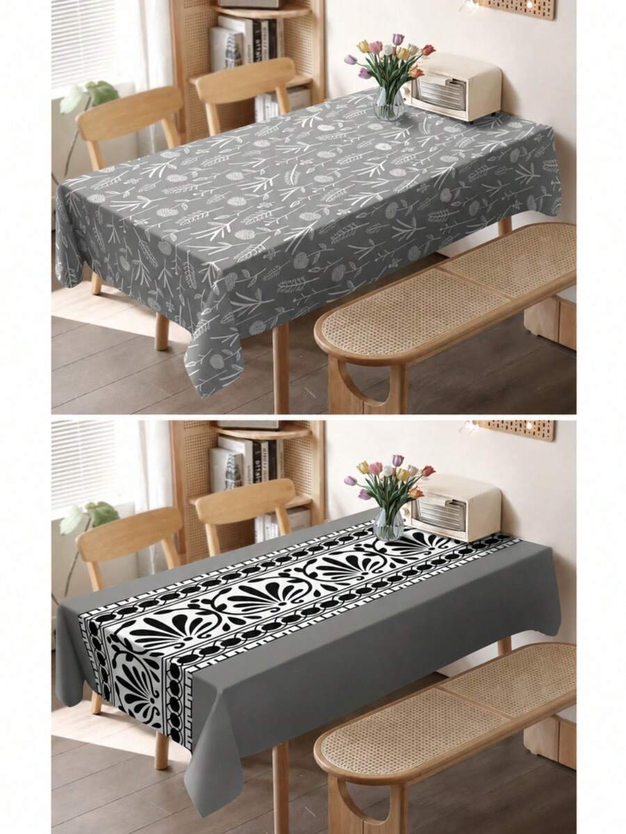 1pc Gray Printed Waterproof Polyester Square Tablecloth, Black & White Geometric Pattern, Wrinkle-Resistant & Easy To Clean, Suitable For Indoor/Outdoor Picnic, Camping, Party, Wedding, Banquet - Light Grey - View 1