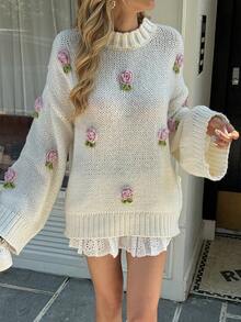 Fashion Women's Knitted Long Sleeve Pullover Sweater, Decorated With 3D Rose Pattern, Suitable For Spring And Autumn - Apricot - View 9