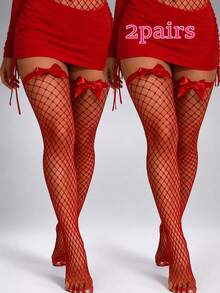 1/2 Pairs Women's Fishnet Thigh High Socks, Red & Black Color Over-The-Knee Socks With Satin Bow, Sexy Fishnet Stockings, Suitable For Valentine's Day, Party And Date Night - Multicolor - View 1