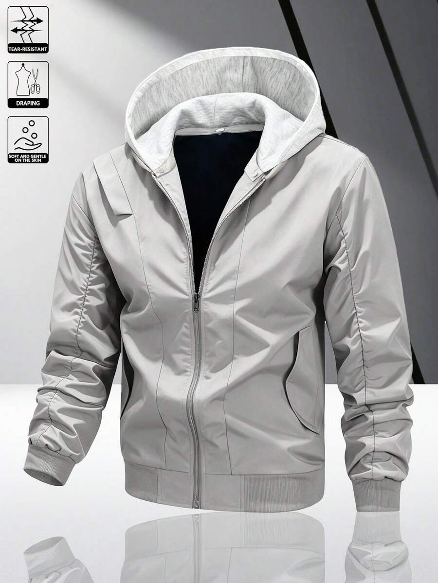 Men's Minimalist Commuter Hooded Jacket, Casual Everyday Wear, Versatile All-Match Zip-Up Outerwear, Functional Top For Men - Light Grey - View 1