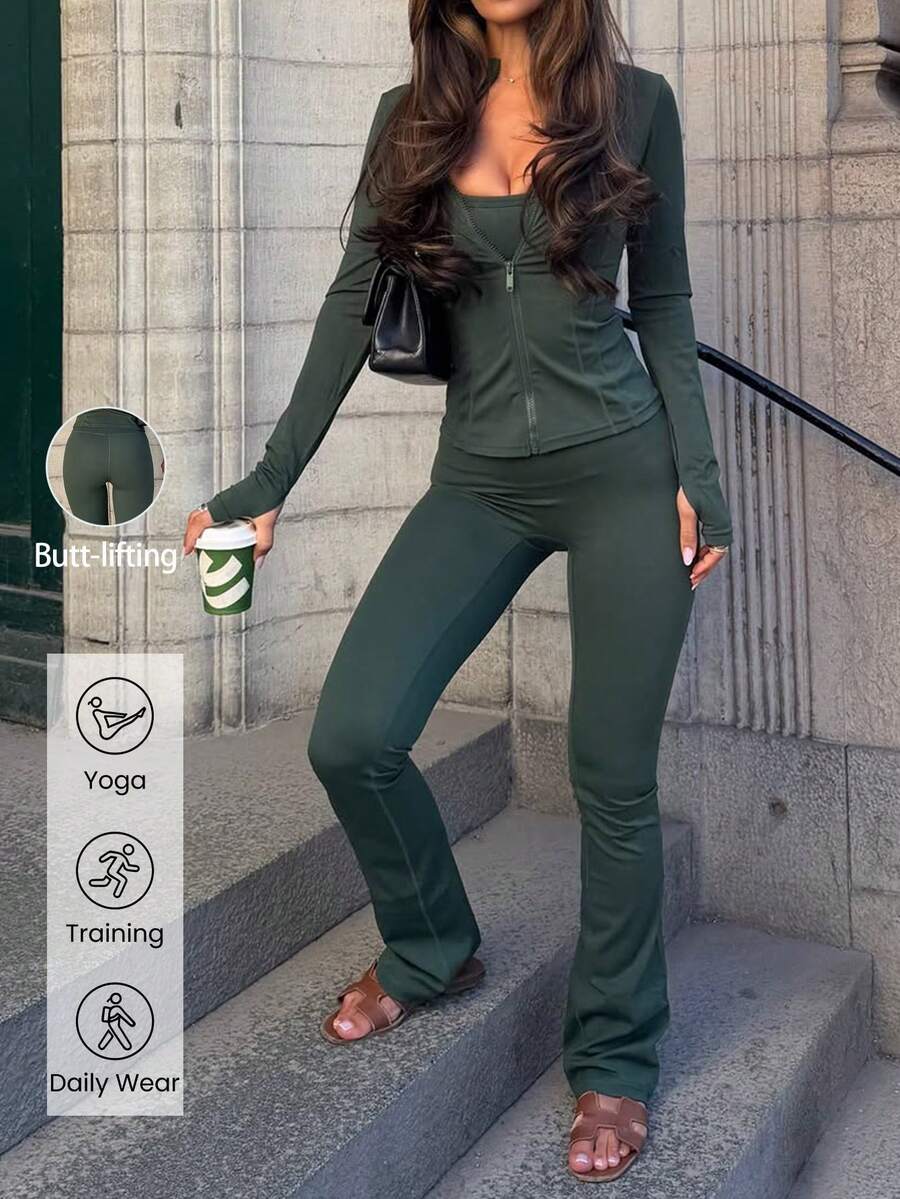 مجموعة ملابس يوجا ورياضة نسائية من قطعتين Muse Moon Fall Fashion، توب بأكمام طويلة وسحاب مع ليقنز واسع الساقين برفع المؤخرة، للارتداء اليومي وتدريبات الجيم - أخضر - مشاهدة 1