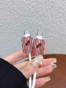 3件組波浪紋英國標準20W充電線保護套，UV彩繪紅色條紋櫻桃設計，適用於英國標準Apple快充20W充電器，防止線材損壞 - 彩色 - 查看 4