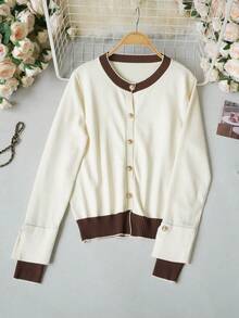 Contrast Color Round Neck Knit Cardigan Women Spring Autumn, Luxury Metal Button Color Block Long Sleeve Commuter Top, Suitable For Daily Wear Or Layering Under Blazer - Apricot - View 8