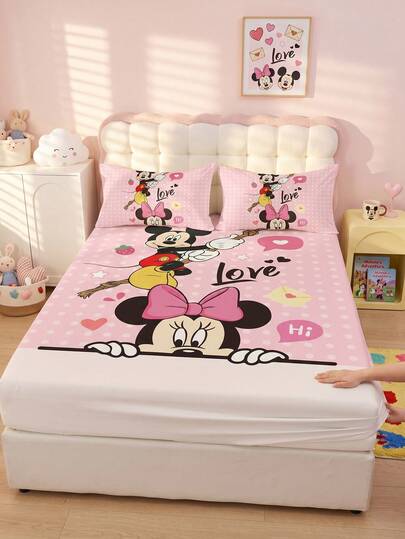 South Life Disney 1 יחידה סדין מותאם עם הדפס קריקטורה של דיסני, כיסוי למזרן, מצעים ורודים לסתיו, מגן למזרן, רך נוח נעים לנשימה נגד קמטים, ניתן לכביסה במכונה, גודל Twin/Full/Queen/King, כרית וכיסוי כרית לא כלולים, עיצוב לחדר השינה, מתנה לחג המולד