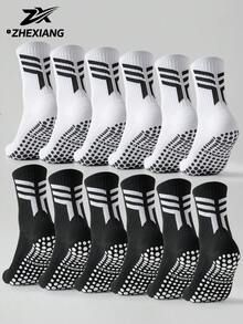 1/3/6 Pairs Men's Mid-Calf Silicone Non-Slip Breathable Comfortable Sports Socks Suitable For Basketball, Football, Running - Black and White - View 2