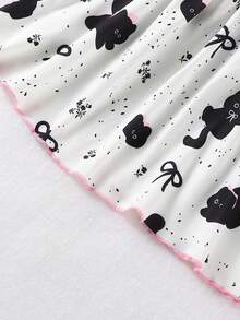 Cute Black Cat Print Pajama Set For Young Girl, V-Neck Frill Trim Long Sleeve Top And Long Pants, 2 Pieces Children's Loungewear - White - View 7