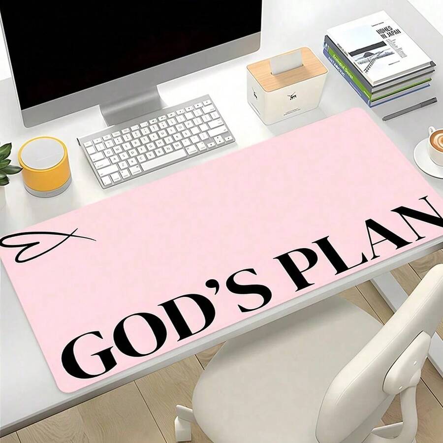One "GOD'S PLAN" Pink Oversized Mouse Pad Featuring Stitched Edges And A Non-Slip Rubber Base; Suitable For Home Offices And Ideal As A Gift For Friends Or Women. It Serves As Both A Gaming Mouse Pad And A Practical Desk Accessory. - Mouse Pad - View 1