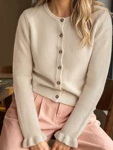 OxyCloset Women's Sweater-An Apricot-Colored Wool Top Featuring Ruffle Details, Perfect For The Autumn / Winter Seasons. Simple, Elegant, Versatile. - Apricot - View 4