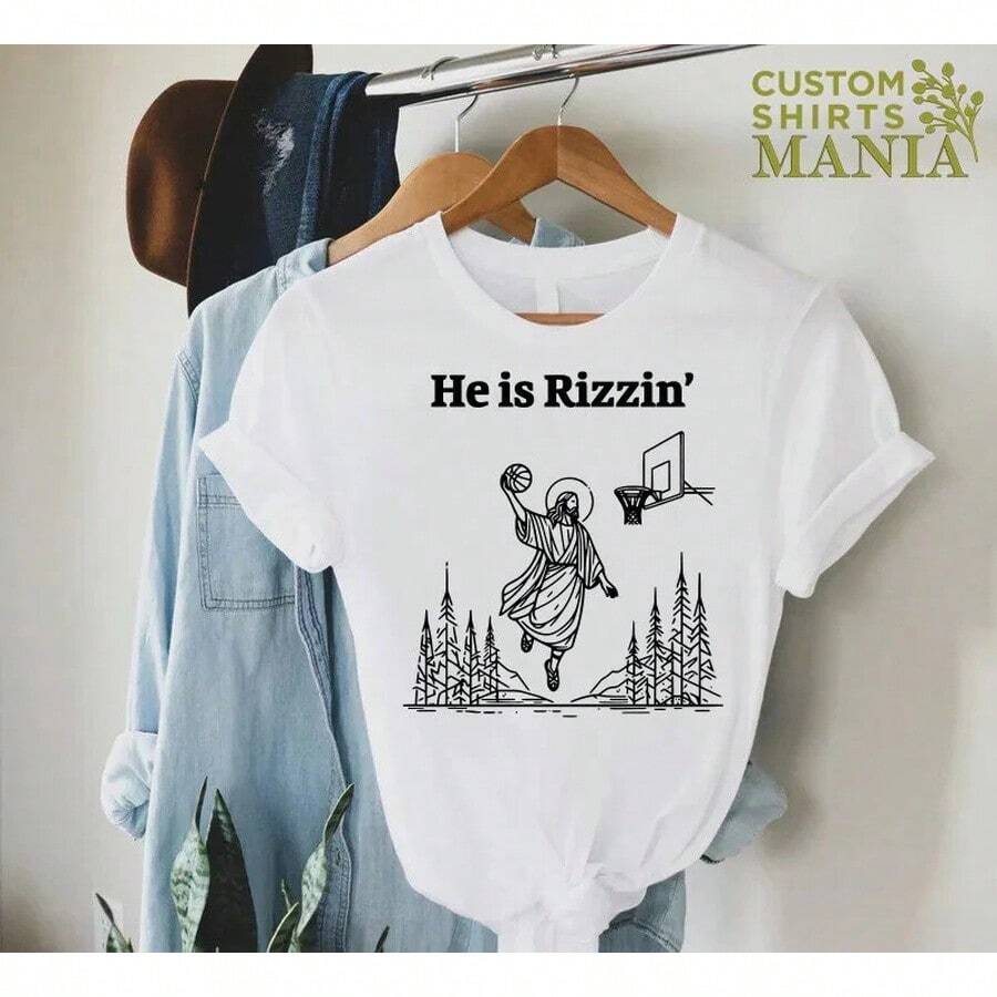 He Is Rizzin Shirt,Easter Shirt Of Jesus Playing Basketball,Funny Jesus Easter Tee,Christian Easter Gift,Religious Shirt,Weirdcore Clothing - 白色 - 查看 1