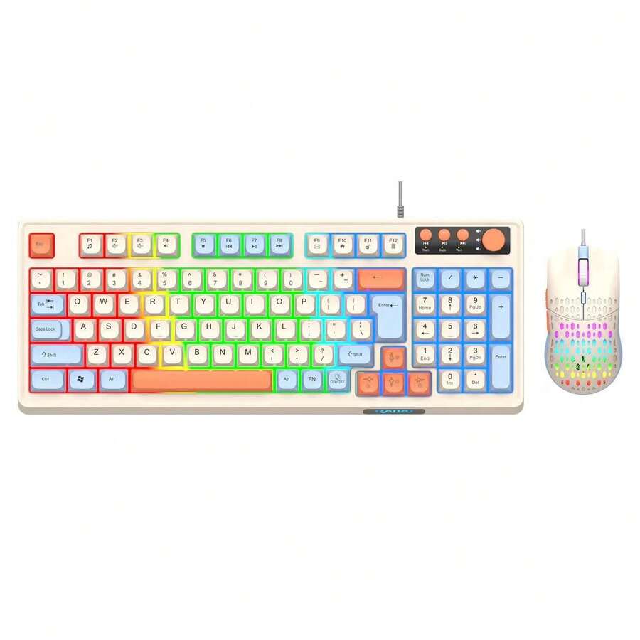 RAIKU Gaming Keyboard And Mouse Set, 3-Color Wired Illuminated Desktop 98-Key Multi-Color Keyboard, 6-Button Illuminated Mouse, Keyboard And Mouse Set - View 1