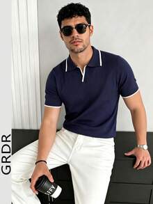 GRDR 男士夏季條紋休閒針織短袖 T-shirt 上衣－極簡時尚舒適穿搭 - 藏蓝色 - 查看 2