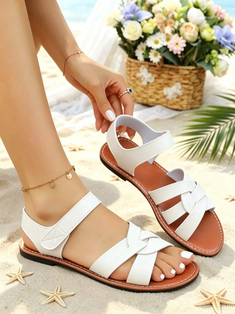 Women's New Personalized Woven Multi-Strap Hollow Cross-Strap Backless Flat Sandals For Daily Wear, Street, Vacation And Commute - White - View 1