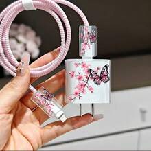粉色 TPU 小心心印花/蝴蝶結/花朵圖案/紫色心形貓咪充電線保護套，適用於 Apple 18/20W 充電器，送給朋友的完美禮物 - 粉色 - 查看 8