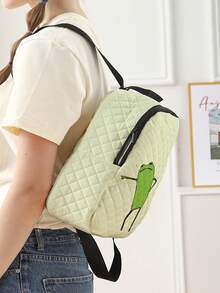 1pc Diamond Quilted Backpack, School Bag, Storage Bag, Travel Storage Backpack, Frog & Crocodile Print Design, Large Capacity Foldable Easy Storage Bag, Lightweight & Burden-Reducing, Reinforced Shoulder Straps + Zipper Closure, Large Capacity Storage More Organized, Convenient & Practical For Retrieving Items, Suitable For Student School Bag, Girl's Commuter Backpack, Short Trip Bag, Campus Casual Backpack, Applicable For School Books, Daily Commute, Outdoor Travel - Multicolor - View 7